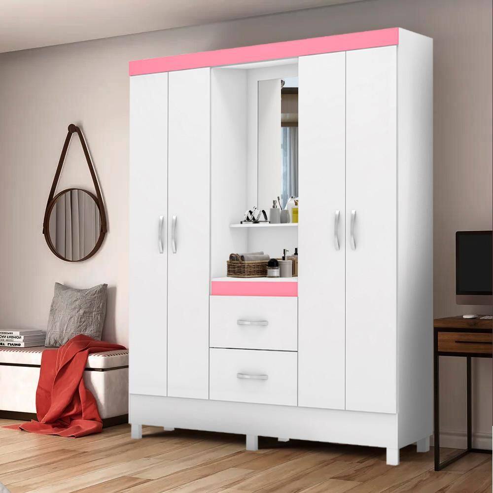 Roupeiro Casal Gaia Capelinha Branco/Rosa Flex Shop Jm - Branco