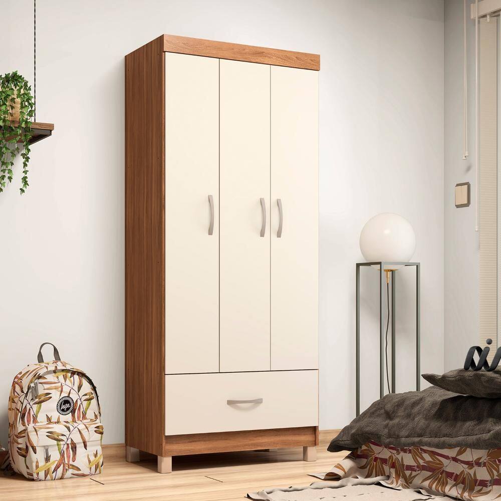 Guarda Roupa Solteiro 3 Portas 1 Gaveta 75 cm Amêndola Off White Prince Demóbile - Marrom