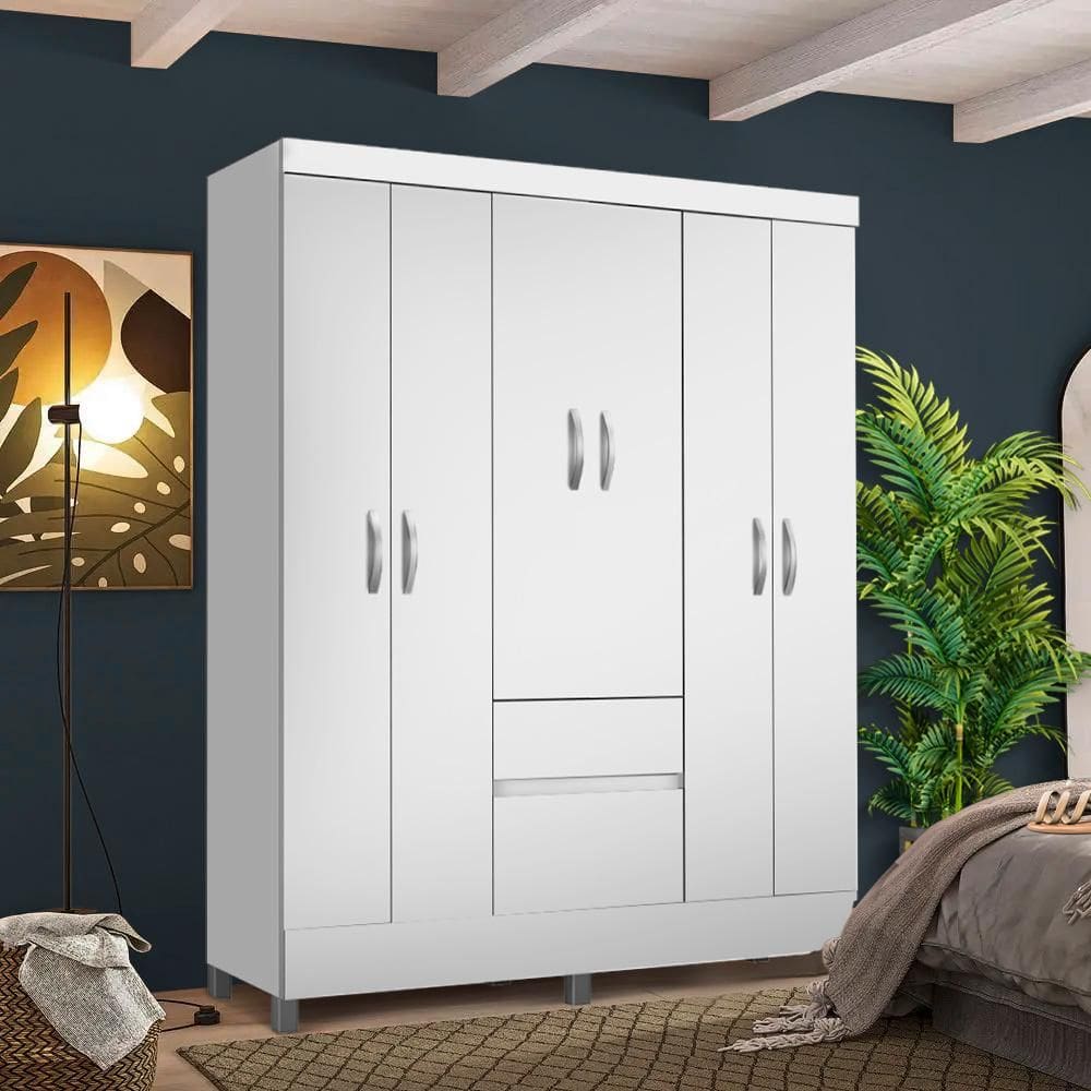Roupeiro Casal 6 Portas 2 Gavetas Branco/Rosa Flex Frida Shop Jm - Branco