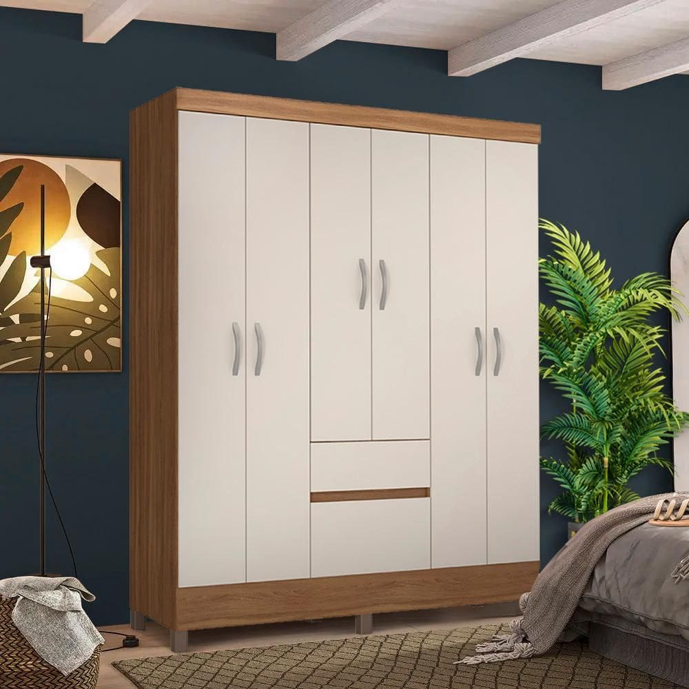 Roupeiro Casal 6 Portas 2 Gavetas Amendola Touch Off White Frida Shop Jm - Marrom