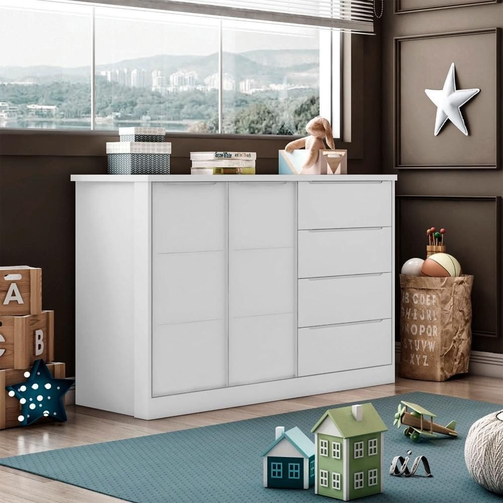 Cômoda Infantil 2 Portas 4 Gavetas Eloá Branco Phoenix Baby - Branco