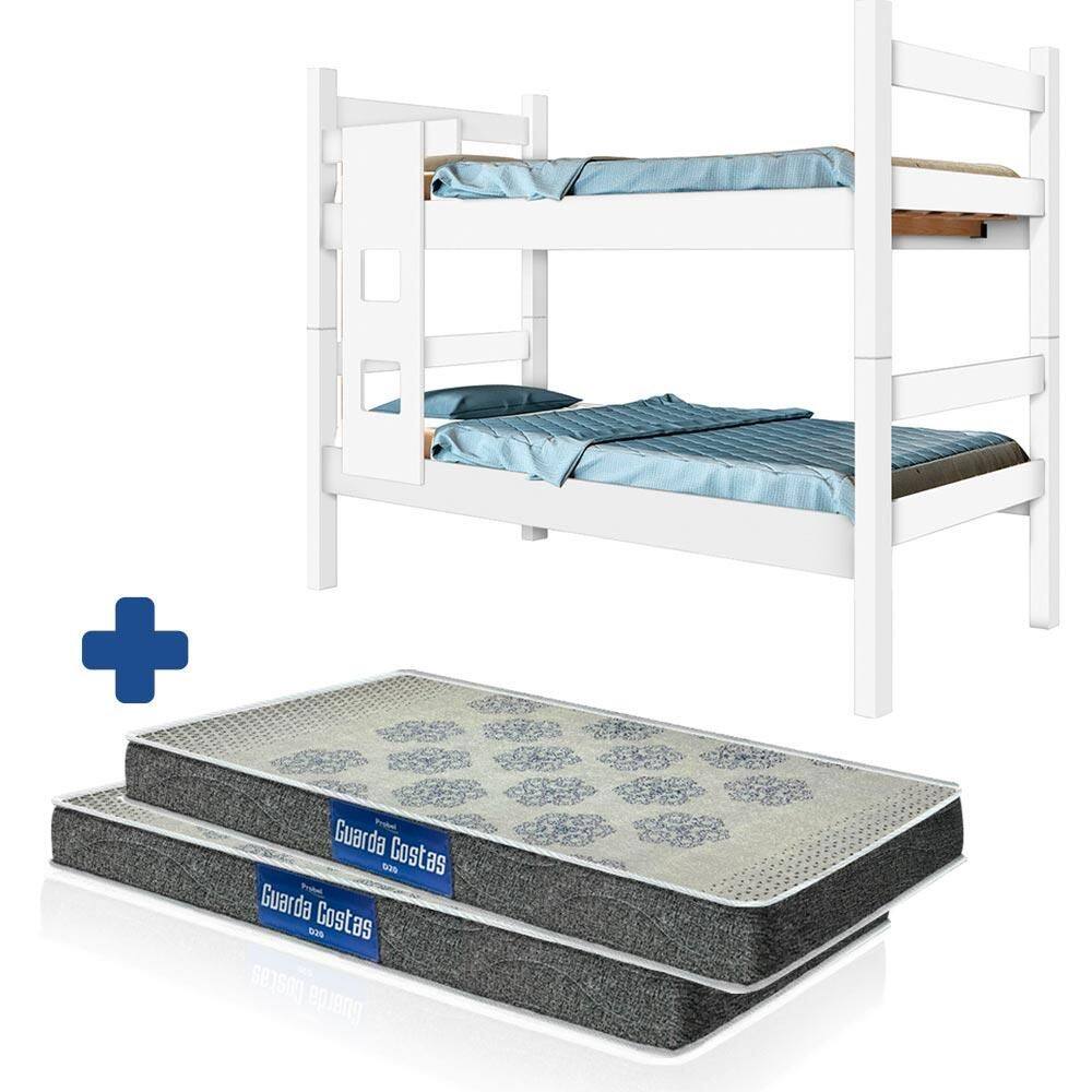 Beliche Solteiro Que Vira Duas Camas VJ Móveis Letícia Branco Com 2 Colchões Probel D20 - Branco