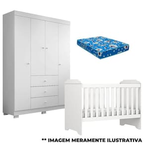 Berço Americano Mini Cama Mel e Guarda Roupa Duda 4 Portas Branco Brilho com Colchão - Phoenix Baby