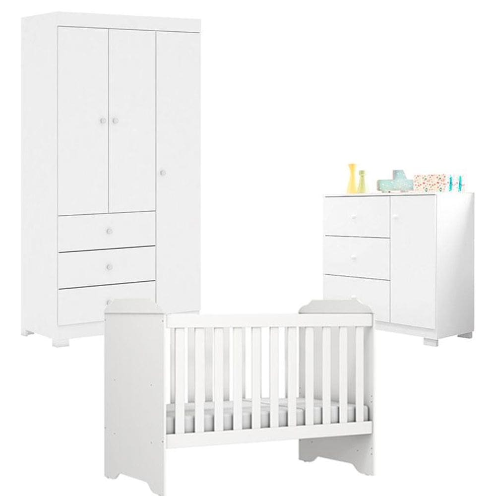 Quarto de Bebê Duda 3 Portas com Berço Americano Mini Cama Mel Branco Brilho - Phoenix Baby