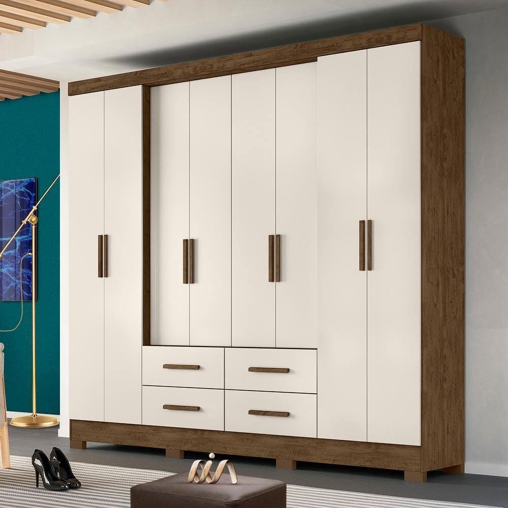 Guarda Roupa Casal 8 portas 4 gavetas Castanho Wood / Baunilha San Lorenzo Plus - Moval - Marrom