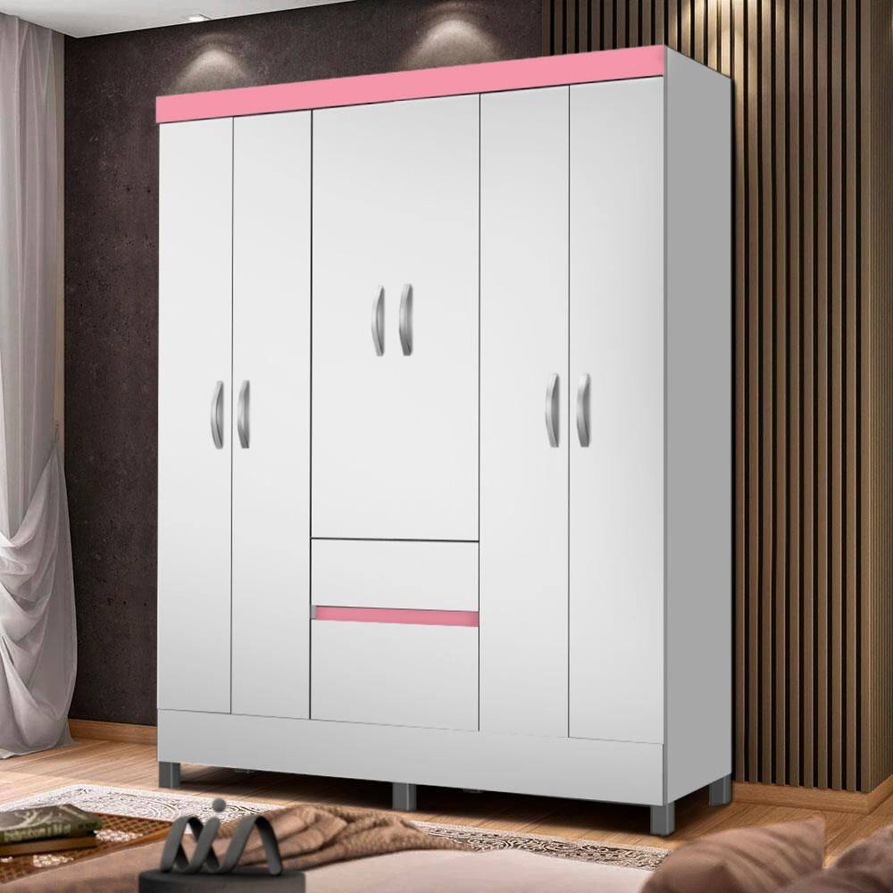 Guarda Roupa 6 Portas Branco/Rosa Flex Plato Shop Jm - Branco