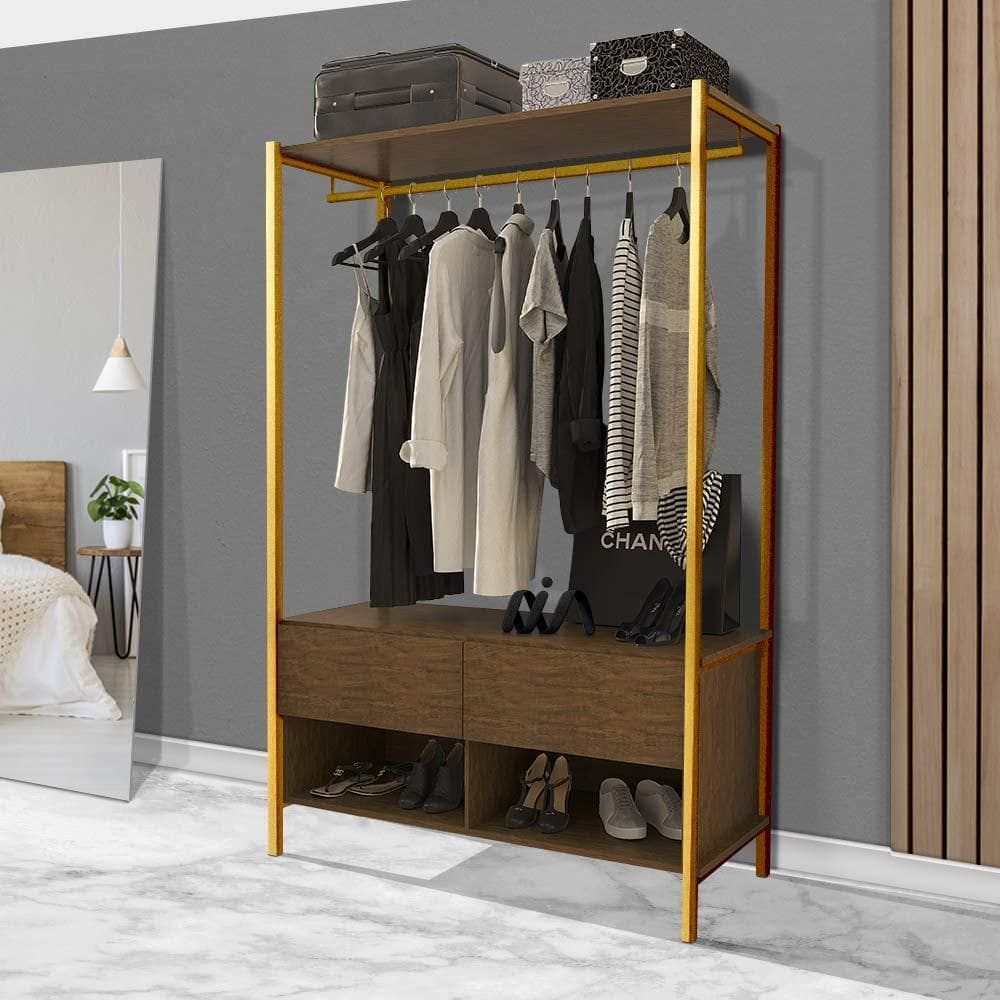 Guarda Roupa Closet Solteiro Industrial Em Aço 2 Gavetas Imbuia Dourado Ahri Shop JM - Marrom