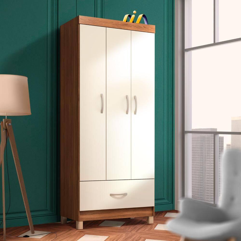 Guarda Roupa 3 Portas 1 Gaveta Amêndola Off White Pilar - Marrom