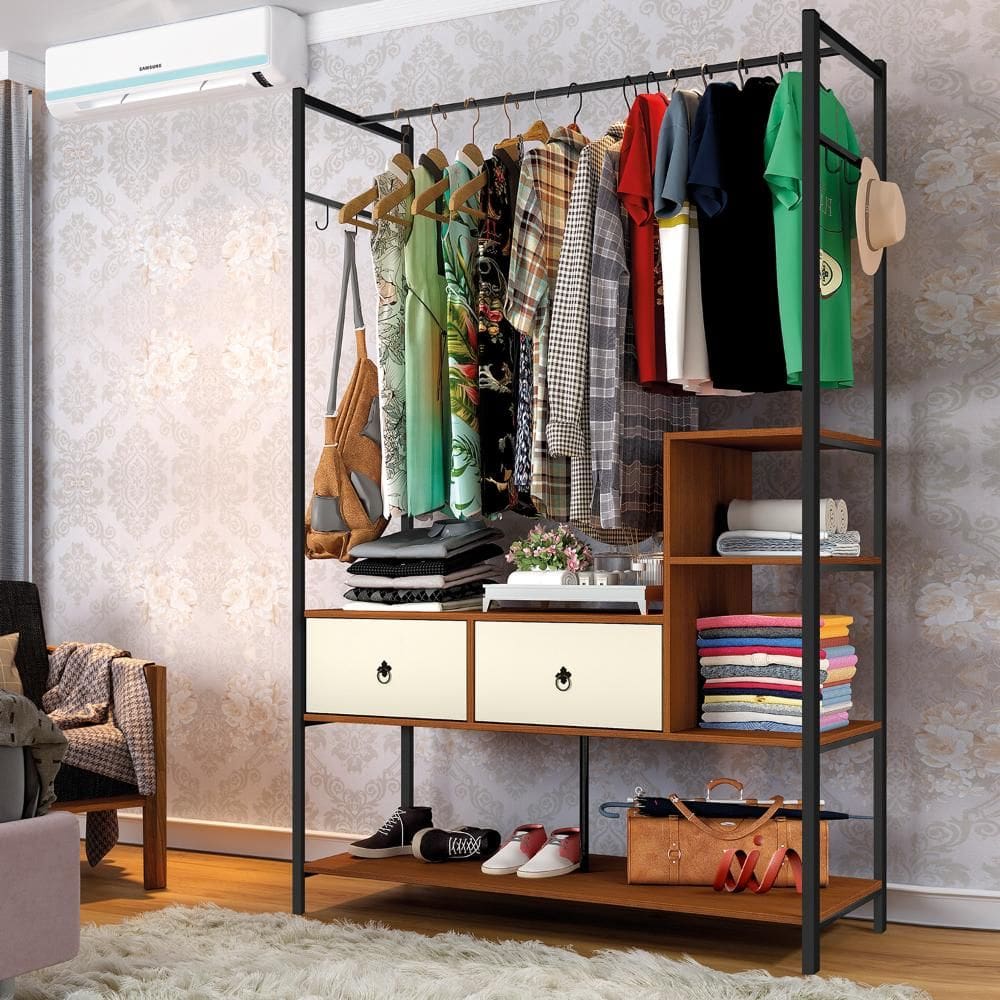 Closet Modulado Com Cabideiro 120 cm Aço Preto Canela Off White Sevilha Art Panta - Preto