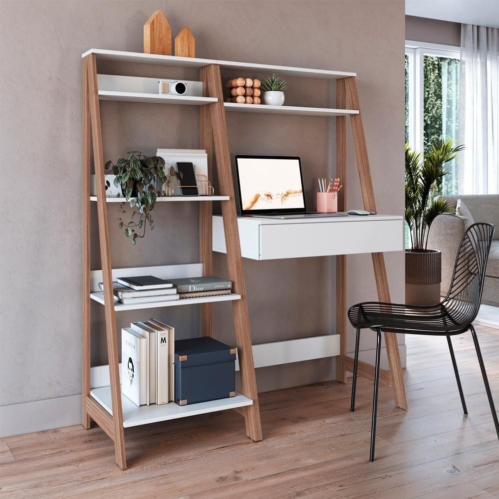 Conjunto Escrivaninha E Estante Para Escritório B94 Branco Montana Novam Branco Montana