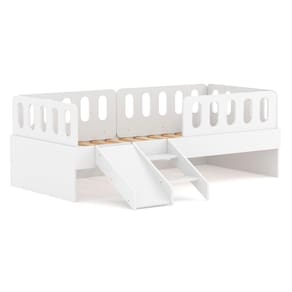Cama Solteiro Com Escadinha/escorrega 03 Grades E Cabeceira Anatômica Removíveis Branco Housin