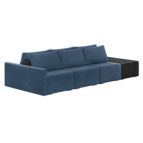 Sofá Ilha 3 Lugares Living 372cm Modulado Sala Lary Veludo Azul Marinho/PU Pto K01 - D`Rossi