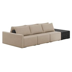 Sofá Ilha 3 Lugares Living 402cm Modulado para Sala Lary Linho Bege/PU Pto K01 - D`Rossi