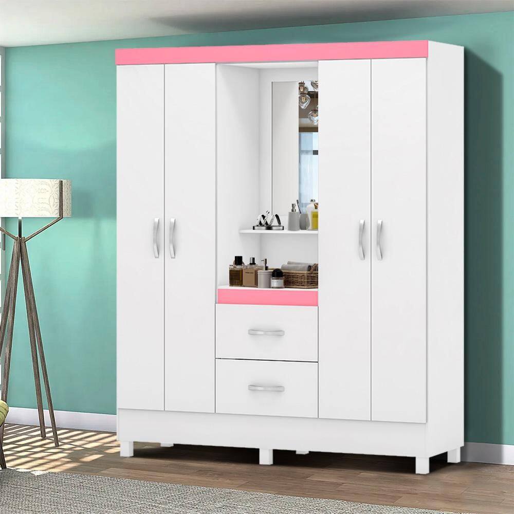 Guarda Roupa 4 Portas 2 Gavetas Froid Capelinha Branco/Rosa Flex Shop Jm - Branco