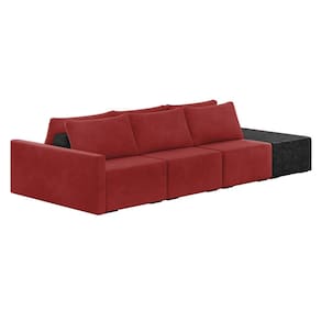 Sofá Ilha 3 Lugares Living 402cm Modulado Sala Lary Veludo Vermelho/PU Pto K01 - D`Rossi