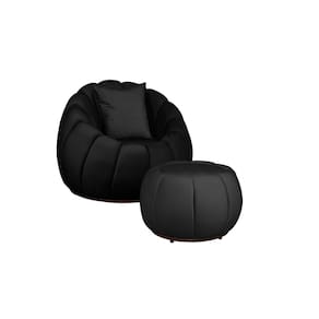 Kit Poltrona Decorativa C/Puff e Almofada Concha Veludo Preto - Montanaris Decor