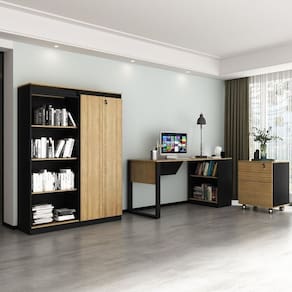 Kit 4 Peças com Escrivaninha, Gaveteiro, Armário e Estante Amêndoa/Preto