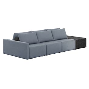Sofá Ilha 3 Lugares Living 372cm Modulado para Sala Lary Linho Azul/PU Pto K01 - D`Rossi