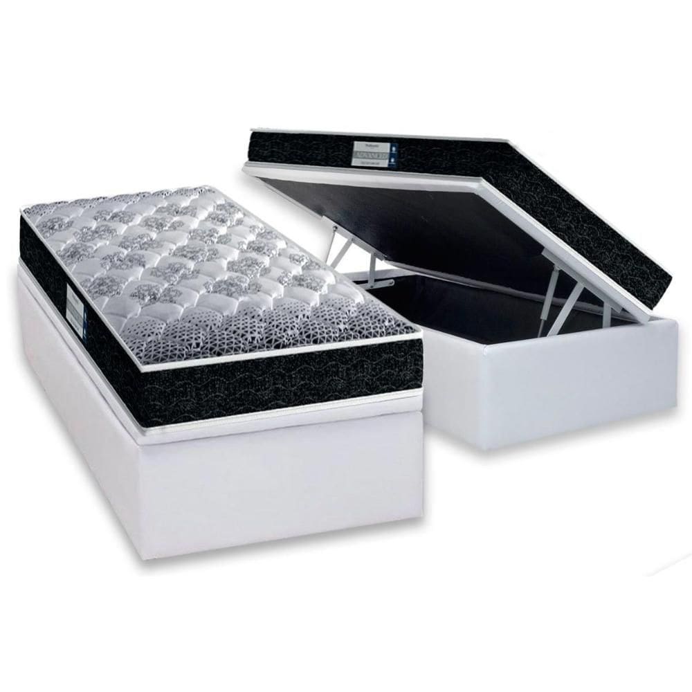 Cama Box Baú Solteiro: Colchão Espuma D33 Probel /EP Firmepedic ProDormir Advanced Tech1500 Double Face + Base CRC Courano White(88x188)