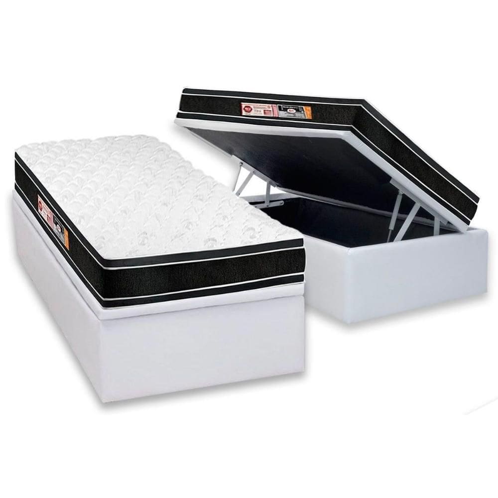Cama Box Baú Solteiro: Colchão Espuma Castor D33 Black e White Double Face + Base CRC Courano White(88x188)