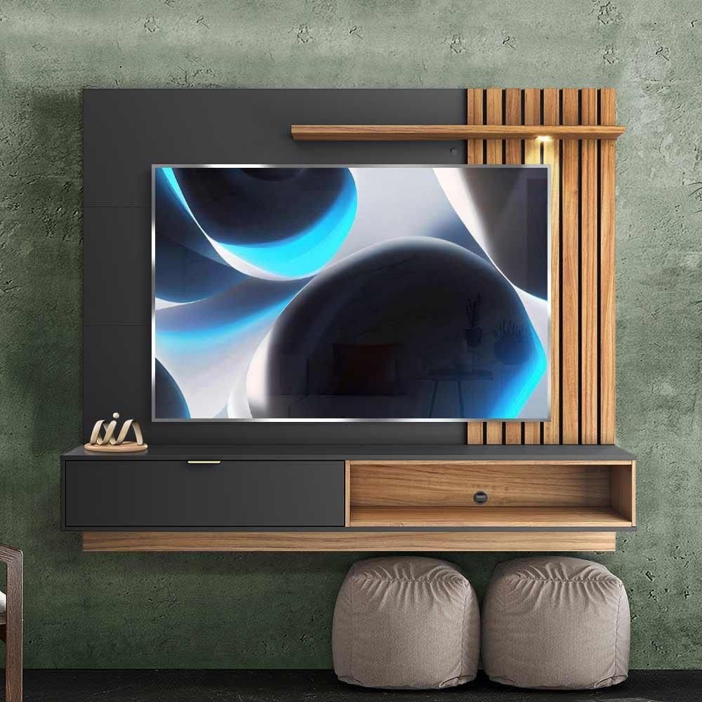 Painel Para TV Até 65 Polegadas Ripado Preto Fosco Noce Milano Caravelas 1.8 Shop JM - Preto