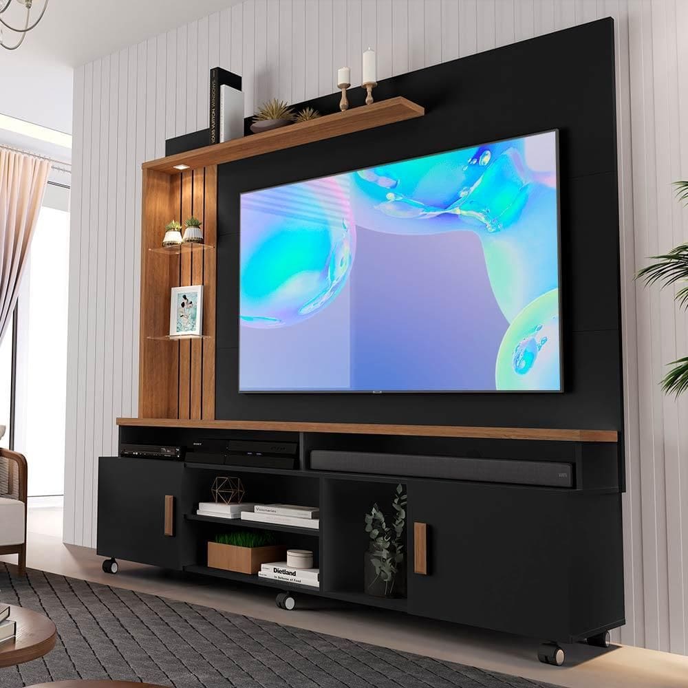 Estante Home para TV até 65 Polegadas Ripado com LED e Rodízios Ocean Carmolar Preto/Canela - Preto