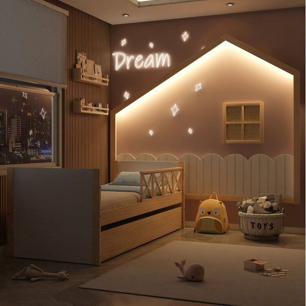 Bicama Garden com Grade e Moldura Infantil com Led Casinha Dream Decor Casatema Branco/Natural