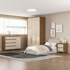 Guarda-Roupa Coimbra 3 Portas Cômoda 4 Gavetas 1 Porta Mesa de Cabeceira 2 Gavetas Freijó/Off White