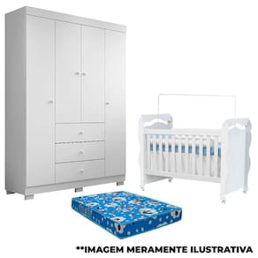 Berço Americano New Nanda e Guarda Roupa Duda 4 Portas Branco Brilho com Colchão- Phoenix Baby
