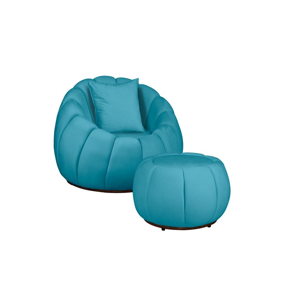 Kit Poltrona Decorativa C/Puff e Almofada Concha Veludo Azul Turquesa - Montanaris Decor