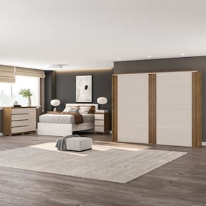 Quarto Guarda-Roupa 2 Portas Cômoda 4 Gavetas 1 Porta 2 Mesas de Cabeceira 3 Gavetas Freijó/Off White