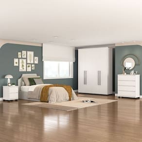 Quarto Guarda-Roupa 4 Portas Cômoda 4 Gavetas 1 Mesa de Cabeceira 2 Gavetas Branco