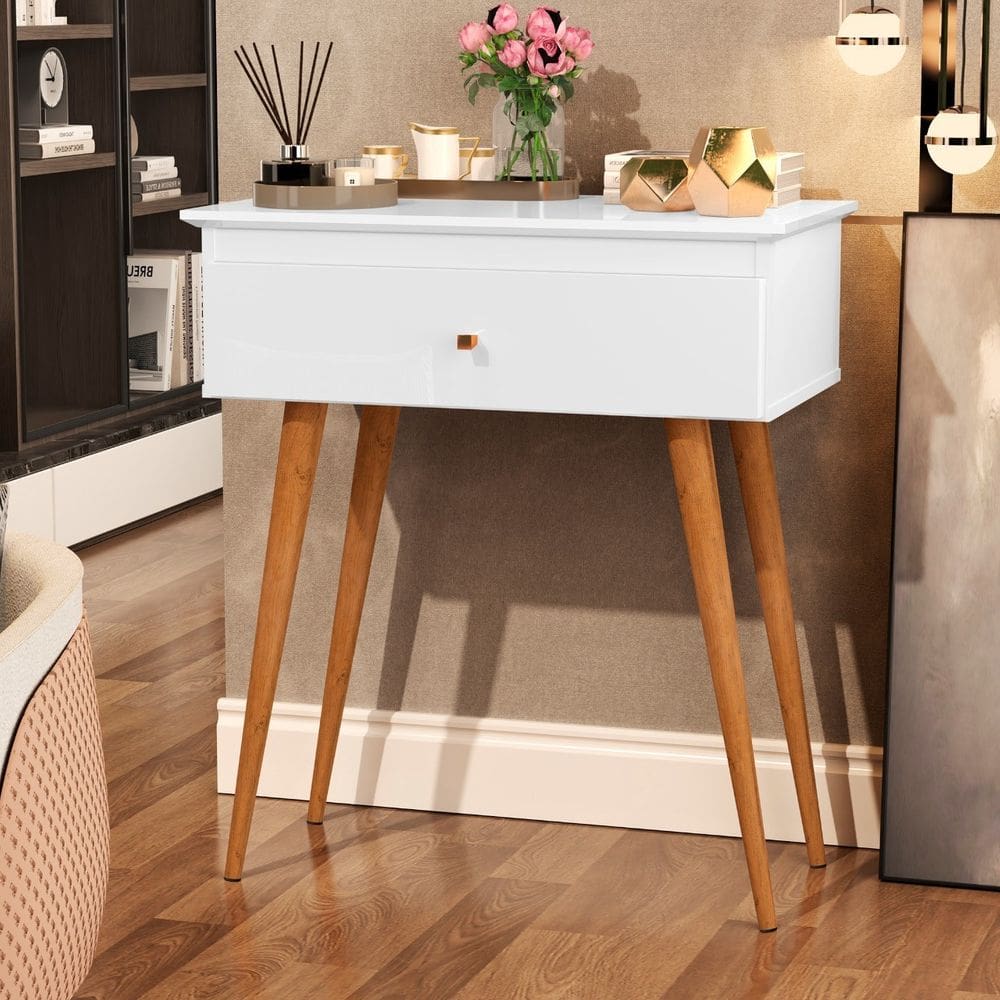 Aparador Mesa Lateral Branco Brilho para Sala de Estar Com Pé Palito em Madeira e Gaveta