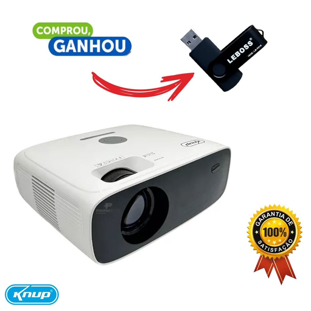 Projetor Datashow Android Full HD 10200 Lumens Wi-Fi Bluetooth HDMI Knup PJ006 + Pen Drive 16gb