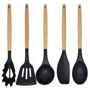 Jogo 6 Utensílios Cozinha Silicone Preto Cabo Madeira Prime 30cm - Monaliza