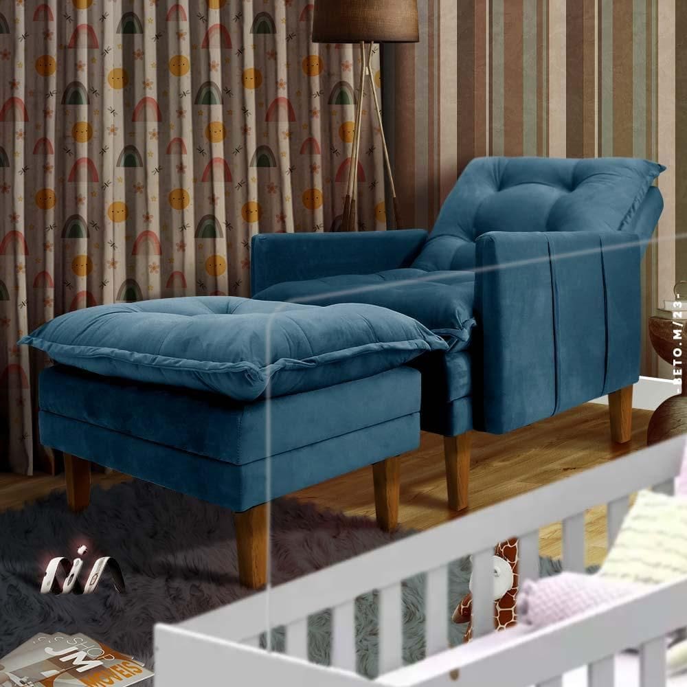 Poltrona De Amamentação Reclinável Com Puff Veludo Azul Laurent Shop JM - Azul Marinho