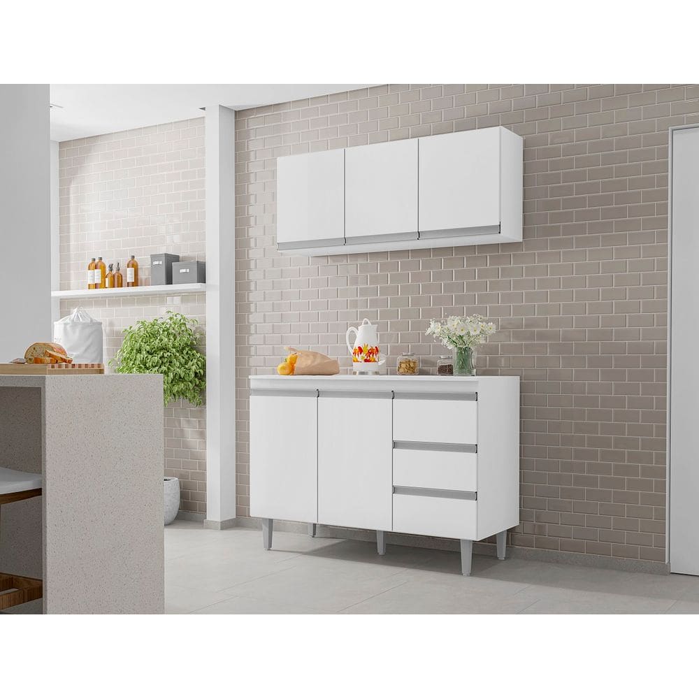 Armário Aéreo e Balcão + Tampo Andréia 120cm Branco - AJL Móveis