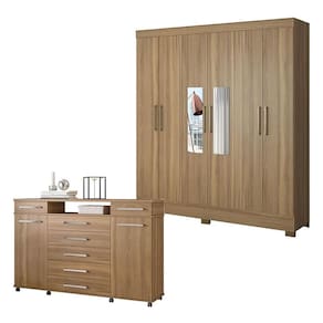 Cômoda London e Guarda Roupa Casal Prático Amêndola Touch com Espelho - Demóbile