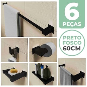 Kit Acessórios Para Banheiro 6 Peças Aço Inox Preto Fosco Linha Quadrada Q6APF