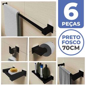 Kit Acessórios Para Banheiro 6 Peças Aço Inox Preto Fosco Linha Quadrada Q6BPF