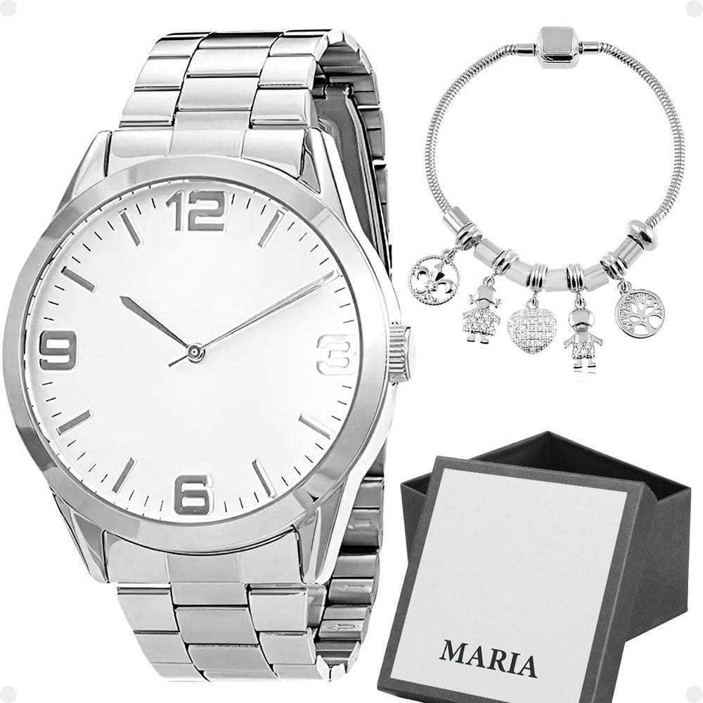 relogio feminino aço inox prata + pulseira + caixa
