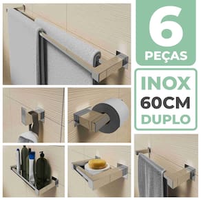 Kit Acessórios Para Banheiro 6 Peças Aço Inox Linha Quadrada Q6C