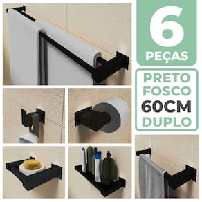 Kit Acessórios Para Banheiro 6 Peças Aço Inox Preto Fosco Linha Quadrada Q6CPF