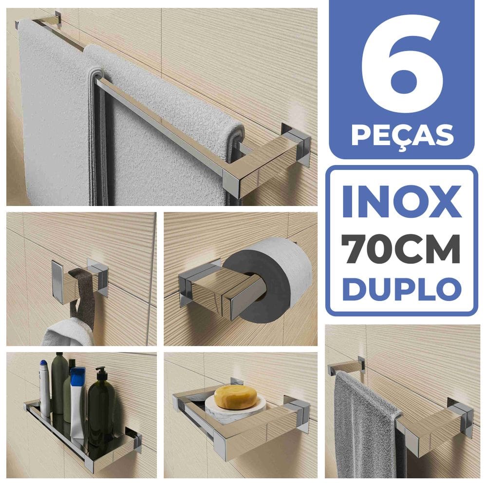 Kit Acessórios Para Banheiro 6 Peças Aço Inox Linha Quadrada Q6D