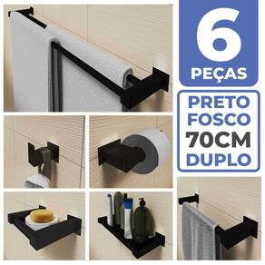 Kit Acessórios Para Banheiro 6 Peças Aço Inox Preto Fosco Linha Quadrada Q6DPF