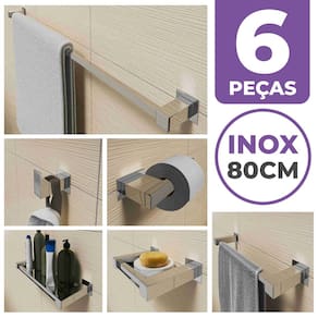 Kit Acessórios Para Banheiro 6 Peças Aço Inox Linha Quadrada Q6E