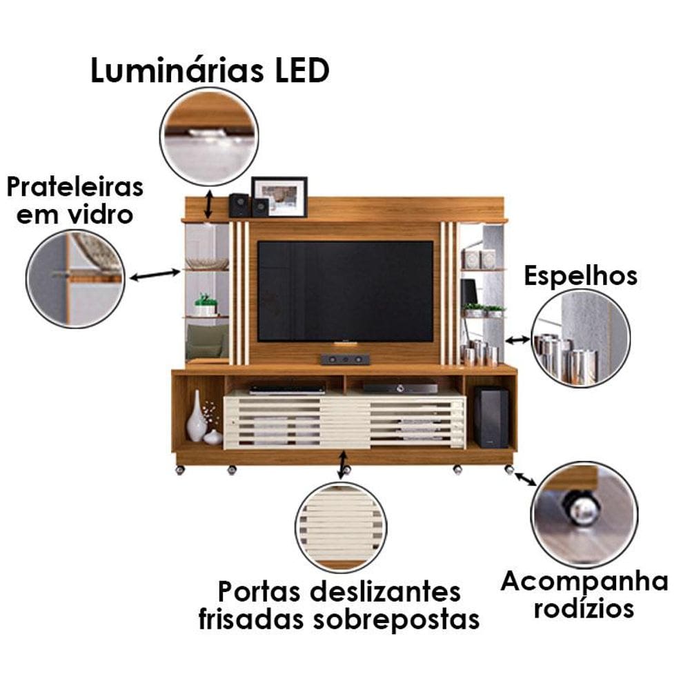 Estante Home Theater Frizz Gold com Rodízios Naturale Off White – Madetec