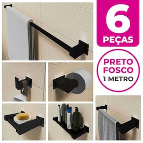 Kit Acessórios Para Banheiro 6 Peças Aço Inox Preto Fosco Linha Quadrada Q6GPF