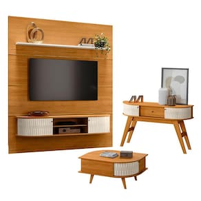 Estante Home Theater com Bancada Suspensa Bugatti com Aparador Estoril e Mesa de Centro Indianápolis Cinamomo Off White – Madetec