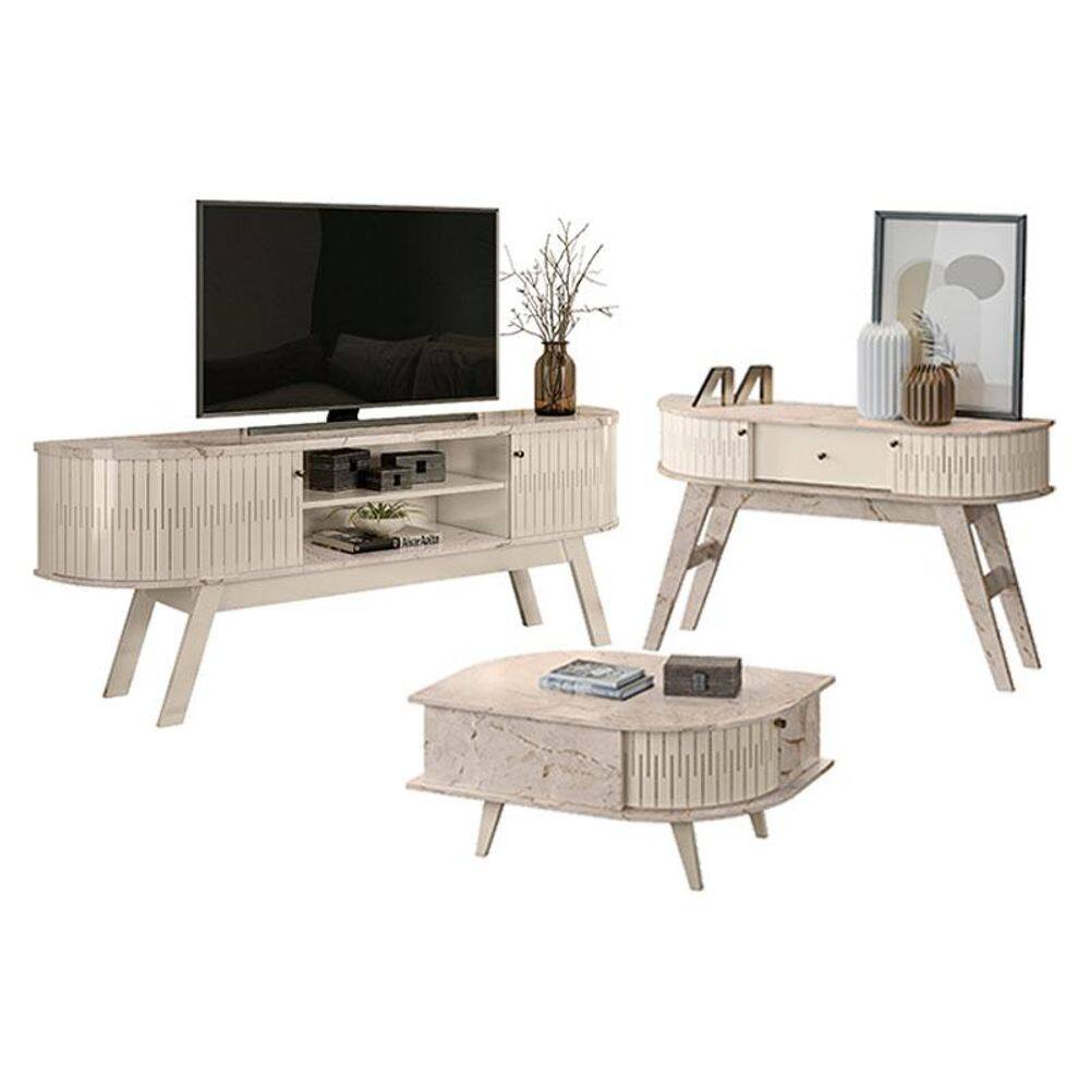 Rack Bancada Valência e Aparador Estoril com Mesa de Centro Indianápolis Calacata Off White – Madetec